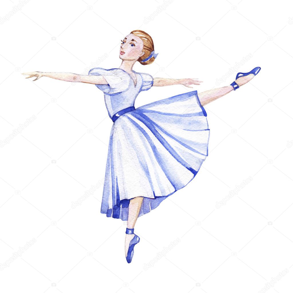 Watercolor ballerina in blue dress isolatedon white background.