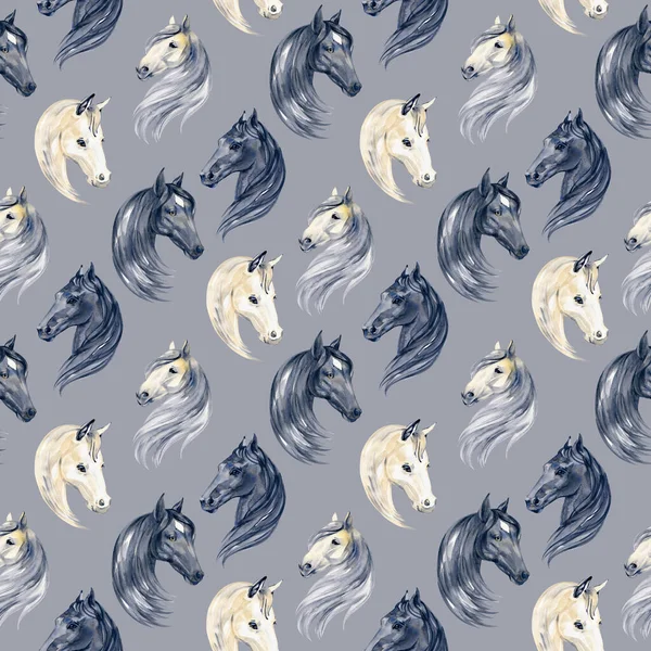 Watercolor painting seamless pattern with horses portraits