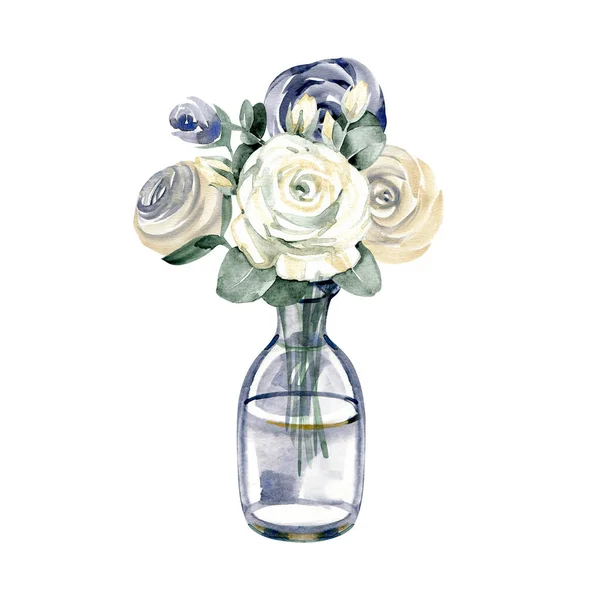 Fashion illustratie met glazen fles en rozenbloemen — Stockfoto