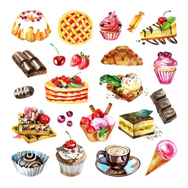 Suluboya seti. Dokulu kağıda elle çizilmiş. Retro tarzı. Suluboya çizimi.