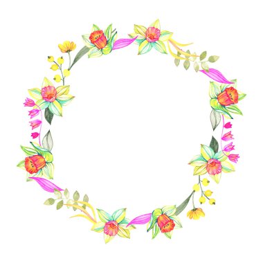 Yapraklı ve dallı suluboya çelenk. Beyaz arkaplanda el çizimi sanatsal çerçeve izole.