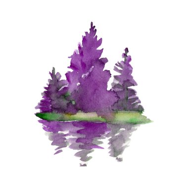 Çam ağaçları, köknar, sedir ağacı olan ormanın suluboya resmi. Violet 'in soyut vintage noktaları. Beyaz bir arka planda. Kartpostal, logo. Kır ormanı manzarası. Sonbahar, sisli kış ormanı..