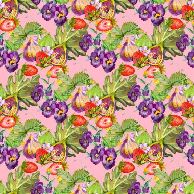 Elle boyanmış suluboya çilekli kusursuz desen. Yaz bahçesinden esinlenilmiş. Renkli meyve arkaplanı kumaş tekstil, tatlı meyve menüsü veya dijital yapıştırma defteri için mükemmeldir