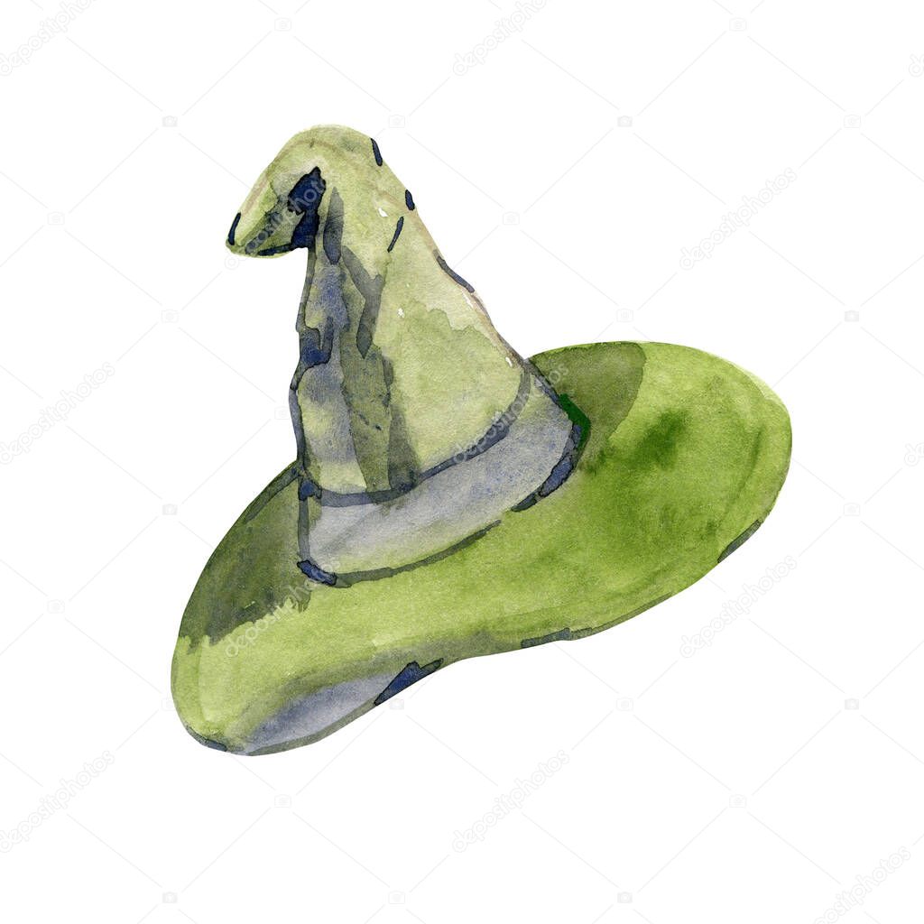 Halloween Witchs hat with a dry branch. Dark green color. Watercolor hand-painted element. Isolated on white background.