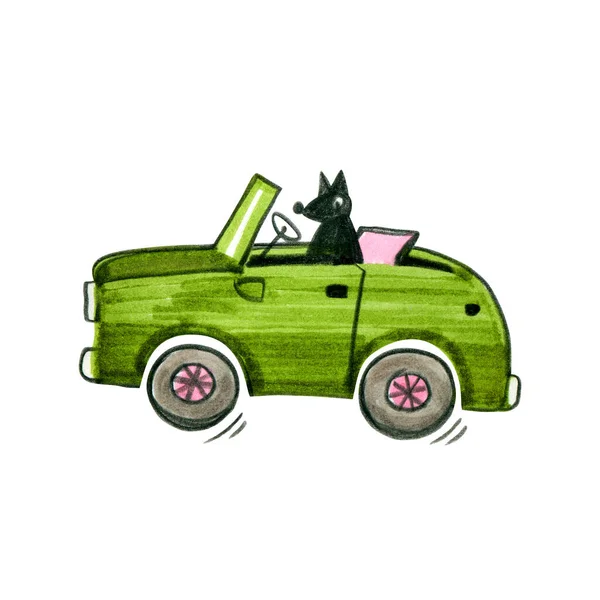 Милий маленький собака, що водить машину. Мультиплікаційний персонаж для дитячої книги, альбому, дитячого душу, вітальної листівки, запрошення на вечірку, інтер'єру будинку. Стокова ілюстрація . — стокове фото