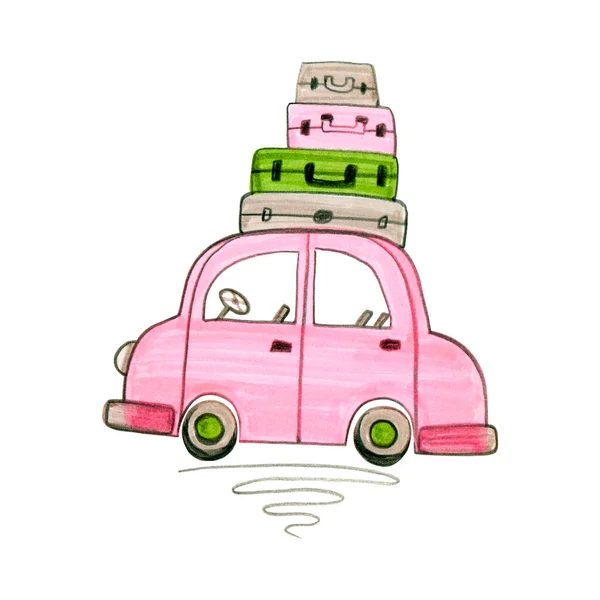 Чемоданы и сумки в розовых машинках готовятся к отъезду на праздники, на природу, в путешествие, путешествия. Вид сбоку на хэтчбек на белом фоне. Путешествую. Карикатурный маркер. Клип-арт. — стоковое фото