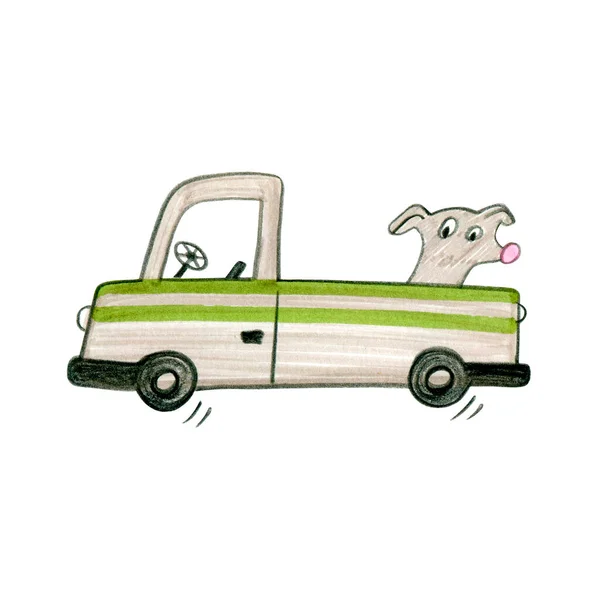 Lindo perrito conduciendo coche. Personaje de dibujos animados para niños libro, álbum, baby shower, tarjeta de felicitación, invitación a la fiesta, interior de la casa. Ilustración general. — Foto de Stock