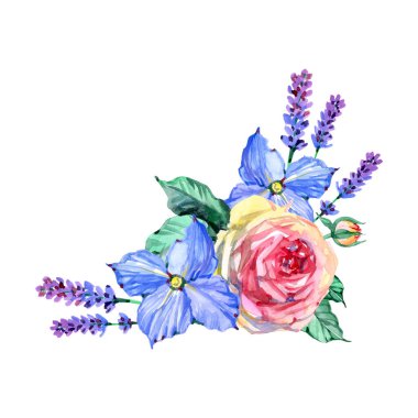 Çiçekli çiçek kartı. Şakayık. Clematis. Lavanta. Provense. Suluboya çizimi.