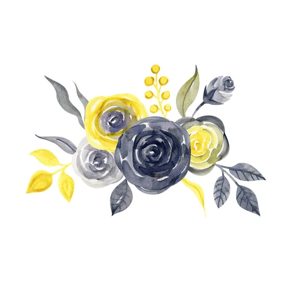 Gelbe und graue Rosen. Aquarell handgemalte Illustration isoliert auf weißem Hintergrund — Stockfoto