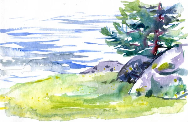 Акварель. Пейзаж горной реки, рисунок пленэра. — стоковое фото