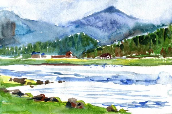 Ilustración en acuarela. Montaña río paisaje, plein aire pintura boceto. —  Fotos de Stock