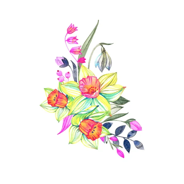 Acuarela flores de narciso, ramo de primavera, tarjeta de felicitación — Foto de Stock
