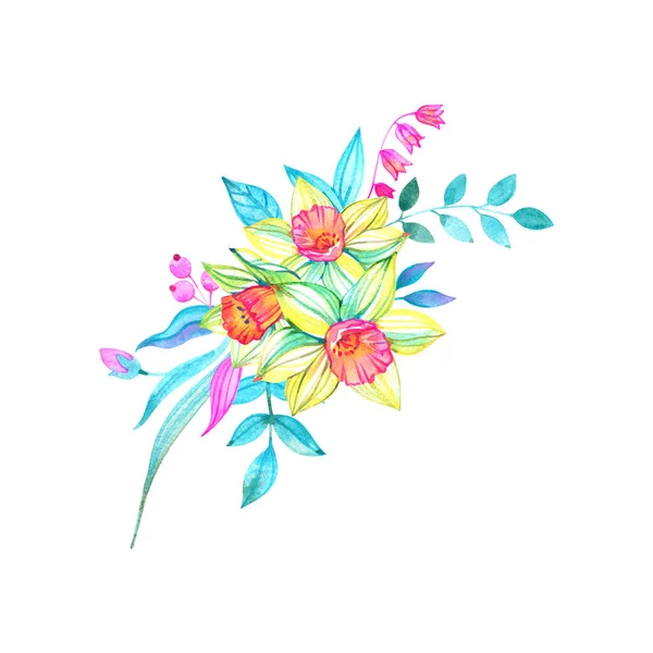 Acuarela flores de narciso, ramo de primavera, tarjeta de felicitación — Foto de Stock