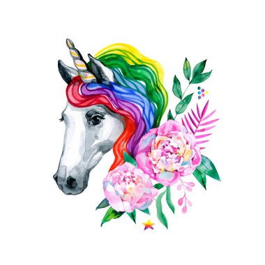 Çiçekli, rüya gören tek boynuzlu at. Gökkuşağı, çiçekler ve tek boynuzlu at..