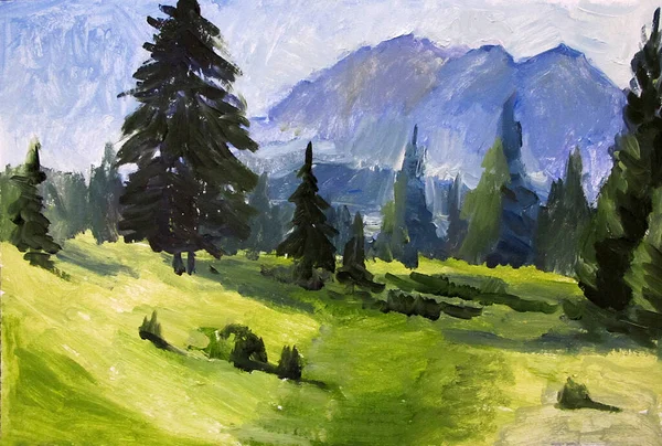 Landscape Oil Painting. The Oil Painting of the Mountains Landscape