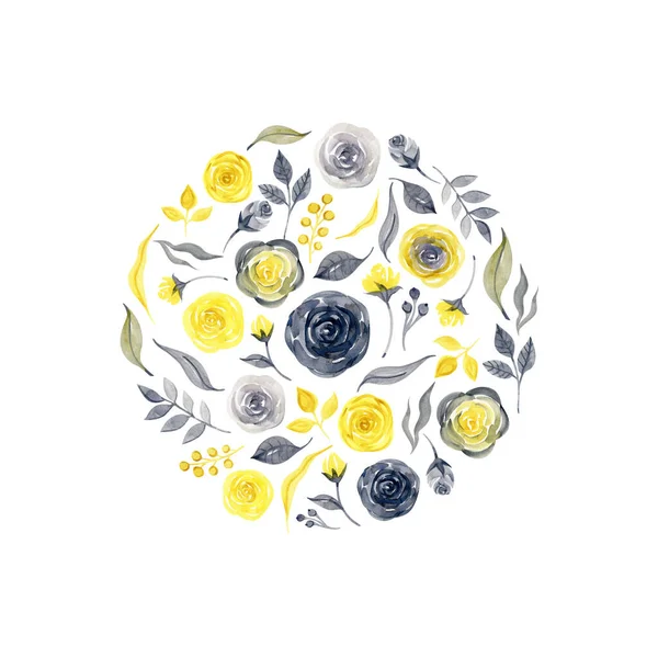 Corona de círculo floral con primavera verano amarillo flores grises ramas y hojas. Marco redondo floral decorativo. Se puede utilizar para guardar las tarjetas de fecha y las invitaciones de boda —  Fotos de Stock
