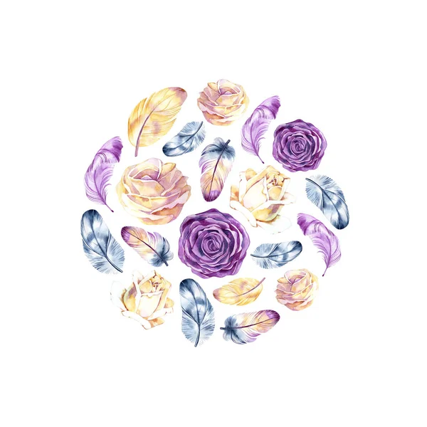 Watercolor boho chic circle with roses and feathers. Hand drawn floral decor isolated on white background. — Stockfoto