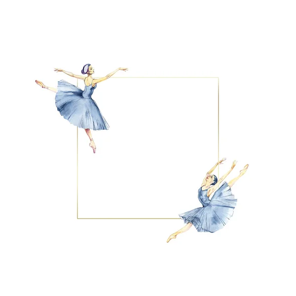 Couple Watercolor Ballerina Girls. Ballet Girl. Ballerinas Wearing Blue Dress. Elegant Posing. Ballet School Collection Poster Design for Print — Stock Fotó