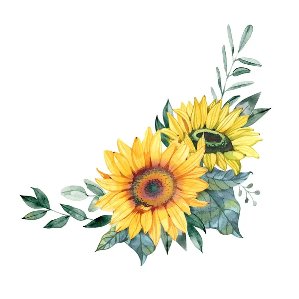 Mooi boeket van bloemen met zonnebloemen en eucalyptus, Aquarel illustratie, Hand werkje, Schets. — Stockfoto
