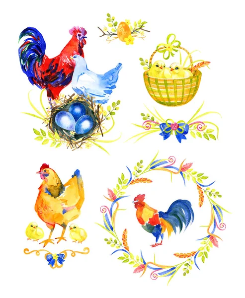 Familia de pollos acuarela - gallina, gallo, pollo. Ilustración pintada a mano — Foto de Stock