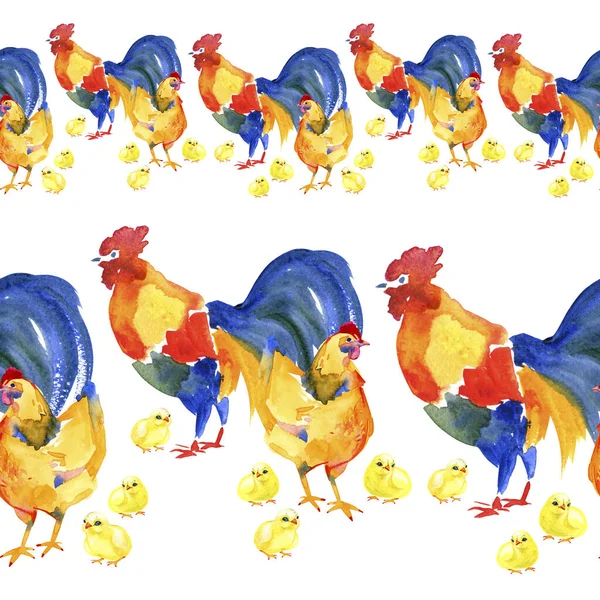 Счастливая пасхальная граница бесшовные фоновые цыплята с пасхальными яйцами и нарциссами Иллюстрация для использования в дизайне интерьера, художественные работы, посуда, одежда, упаковка, поздравительные открытки — стоковое фото