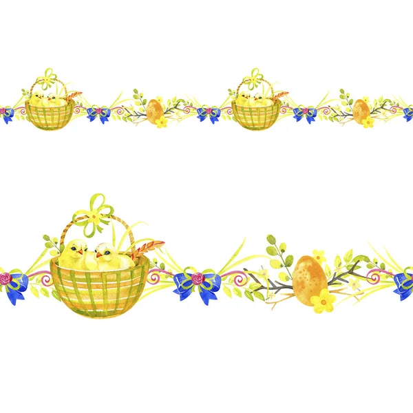 Jaja, kurczak, wiosenny kwiat, gałęzie, zielone liście. Kwiatowa powtarzająca się granica na Wielkanoc. Akwarela. — Zdjęcie stockowe