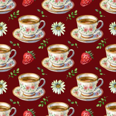 Bahçede suluboya desensiz çay partisi. Çilekli papatya çayı..