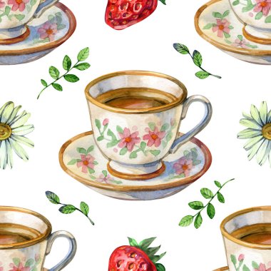 Bahçede suluboya desensiz çay partisi. Çilekli papatya çayı..