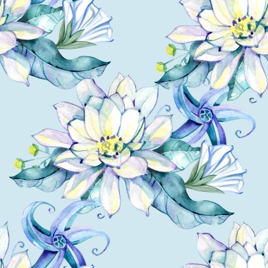 Suluboya çiçekli bahar deseni. Mavi çiçekler. Yeşil yapraklar. Kelebek.