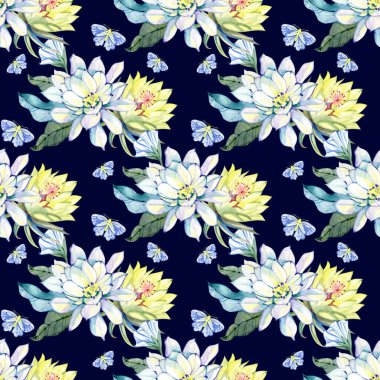 Kusursuz desenli suluboya çizimi gece kelebeği Ipomoea çiçekleri beyaz arka plan resmi. El yapımı illüstrasyon elementleri alanı. Tasarım, baskı, duvar kağıdı, ambalaj..