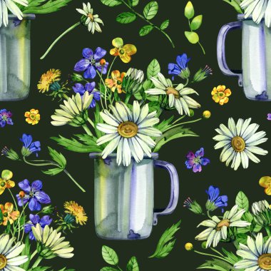 Çiçeksiz desenli kupa ve papatyalı kır çiçeği demeti. Baskı ve kumaş için el çizimi suluboya.