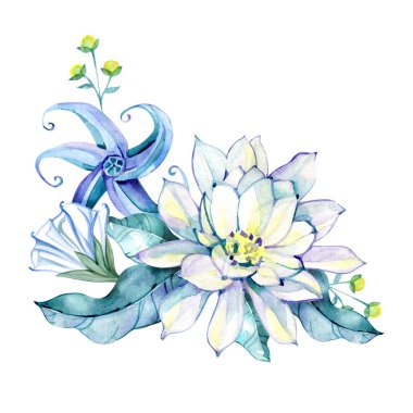 Mavi, beyaz, sarı çiçek kompozisyonu. Kraliyet Zambağı, yaprakları ve çiçekleri olan dallar. Beyaz arkaplanda çiçekler