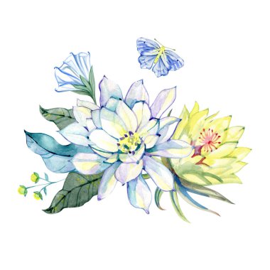 Mavi, beyaz, sarı çiçek kompozisyonu. Kraliyet Zambağı, yaprakları ve çiçekleri olan dallar. Beyaz arkaplanda çiçekler