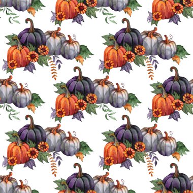Elle çizilmiş suluboya balkabaklarıyla kusursuz desen. Yüzey tasarımı, duvar kağıtları, ambalaj, mevsimlik ve Cadılar Bayramı için renkli sonbahar illüstrasyonu.