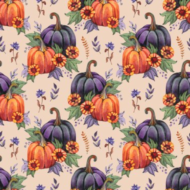 Elle çizilmiş suluboya balkabaklarıyla kusursuz desen. Yüzey tasarımı, duvar kağıtları, ambalaj, mevsimlik ve Cadılar Bayramı için renkli sonbahar illüstrasyonu.