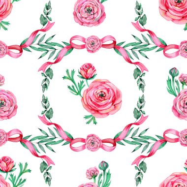 Narin ranunculus ve okaliptüslü kusursuz desen. Klasik stil yüzey tasarımı