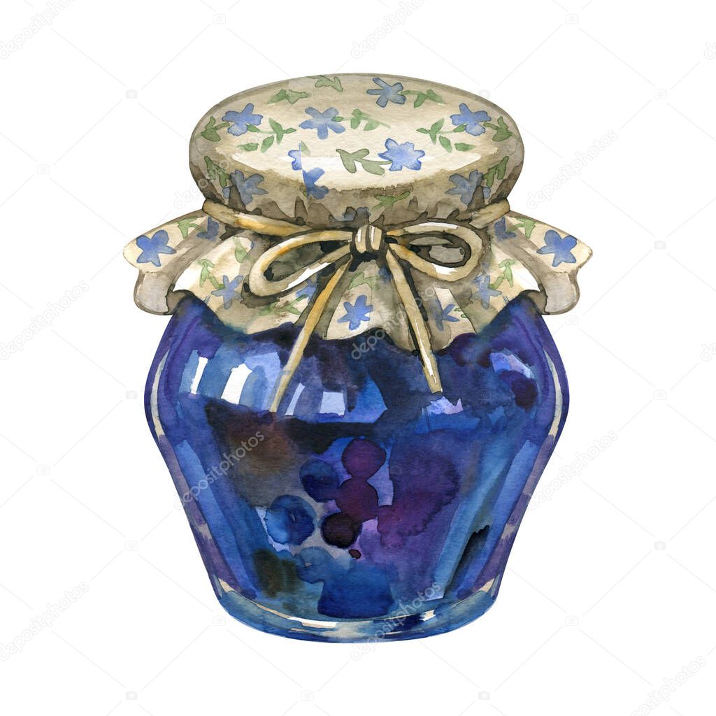 Home made blueberry jam illustration. Watercolor jam jar design isolated on a white background. Forrest berries sweets. Handmade rustic jam