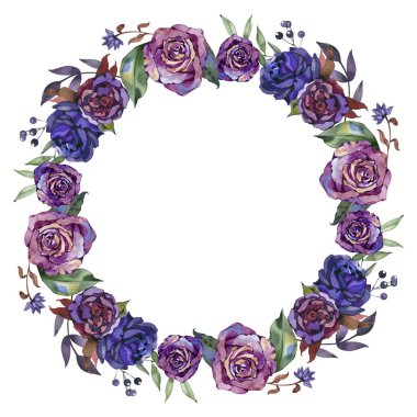 Mor ve menekşe güllü suluboya çelenk, zarif botanik çerçeve, düğün davetiyesi için elle boyanmış romantik kompozisyon, klasik dekor ve çiçek tasarımı..