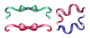 Suluboya kurdele koleksiyonu. Dekorasyon yayı çizimleri. Dekoratif hediye düğümleri