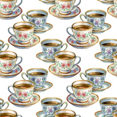 Çiçekli çay fincanları ve çay tabakları ile suluboya desenli, el boyalı porselen kaplar, ambalaj kağıdı, tekstil ve rahat iç dekorasyon için zarif botanik tasarımı..