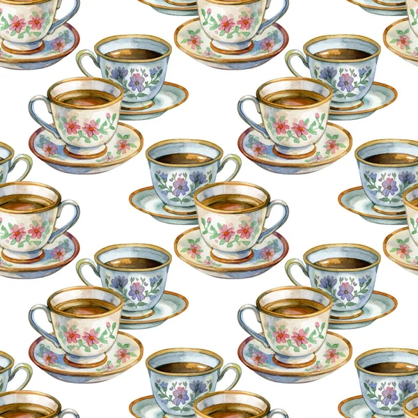 Çiçekli çay fincanları ve çay tabakları ile suluboya desenli, el boyalı porselen kaplar, ambalaj kağıdı, tekstil ve rahat iç dekorasyon için zarif botanik tasarımı..