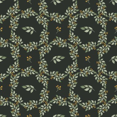 Okaliptüs dalları ve sarı böğürtlenli kusursuz botanik desen, elle boyanmış suluboya yaprak tasarımı, tekstil ve ambalaj için zarif doğa dokusu.