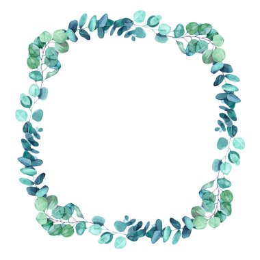 Yeşil ve mavi tonlarda suluboya okaliptüs kare çerçeve. Zarif botanik sınırı düğün davetiyeleri, tebrik kartları, doğal markalar ve minimalist çiçek tasarımı projeleri için mükemmeldir...