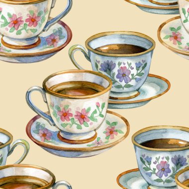 Çiçekli çay fincanları ve çay tabakları ile suluboya desenli, el boyalı porselen kaplar, ambalaj kağıdı, tekstil ve rahat iç dekorasyon için zarif botanik tasarımı..