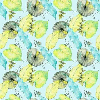 Egzotik yapraklı suluboya tropikal yaprak deseni. Yumuşak yeşil ve mavi yapraklar kumaş, ambalaj kağıdı, duvar kağıdı, kırtasiye ve yüzey tasarımı projeleri için yeni bir botanik tasarımı oluşturur.