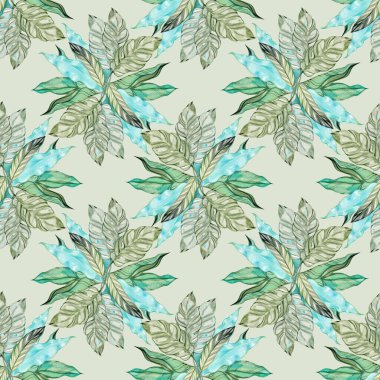 Egzotik yapraklı suluboya tropikal yaprak deseni. Yumuşak yeşil ve mavi yapraklar kumaş, ambalaj kağıdı, duvar kağıdı, kırtasiye ve yüzey tasarımı projeleri için yeni bir botanik tasarımı oluşturur.