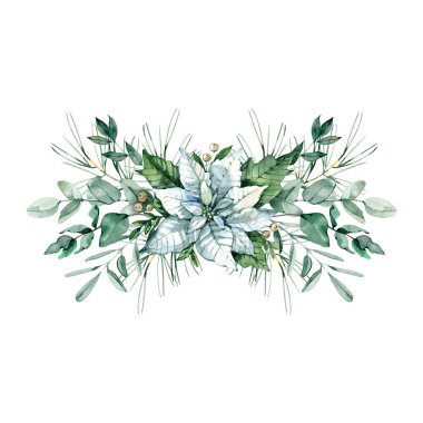 Beyaz noktalı suluboya okaliptüs ve çam dallarıyla zarif bir Noel çiçeği aranjmanı. Bayram kartları, kış davetiyeleri, şenlik dekorları ve mevsimlik tasarım projeleri için mükemmel.