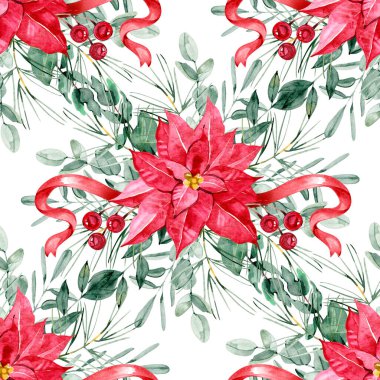 Kırmızı noktalı suluboya Noel desenleri, okaliptüs yaprakları, böğürtlenler ve şenlikli kurdeleler. Tatil ambalajı, tekstil, davetiye, kırtasiye ve mevsimlik dekorasyon projeleri için mükemmel.