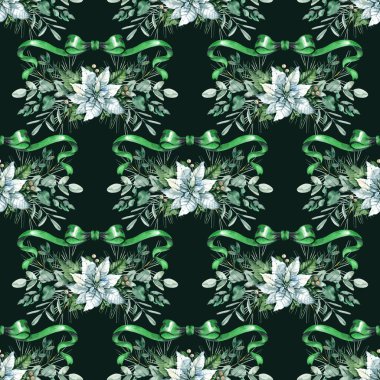 Beyaz noktalıklı suluboya desenler, okaliptüs yaprakları, çam dalları ve yeşil şenlikli kurdeleler. Noel ambalajı, tatil tekstili, kırtasiye, markalaşma ve kış dekorasyonu projeleri için ideal