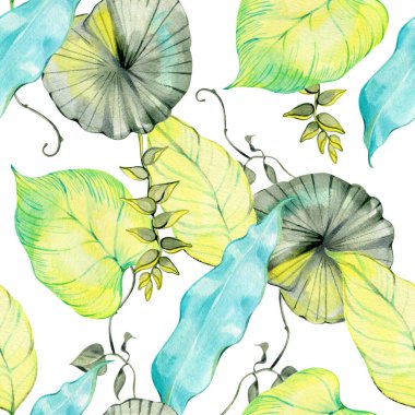 Egzotik yapraklı suluboya tropikal yaprak deseni. Yumuşak yeşil ve mavi yapraklar kumaş, ambalaj kağıdı, duvar kağıdı, kırtasiye ve yüzey tasarımı projeleri için yeni bir botanik tasarımı oluşturur.